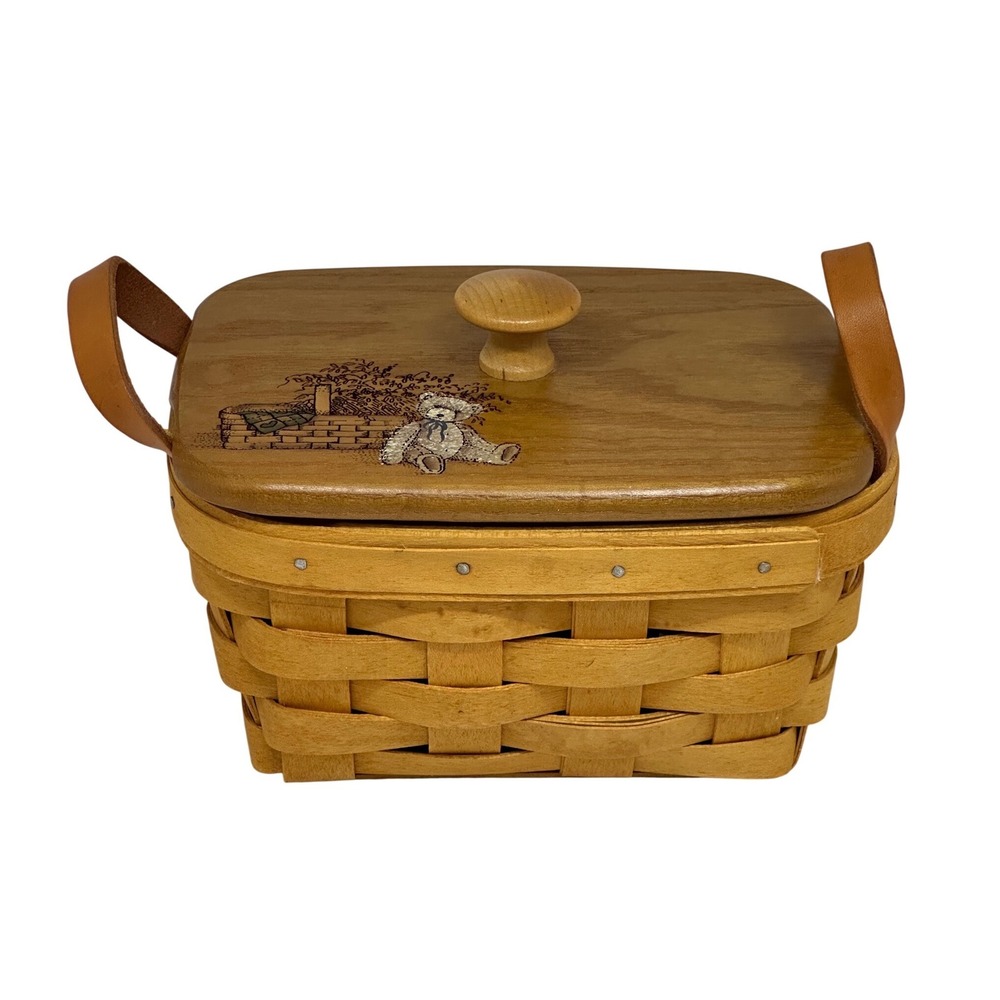 VTG Longaberger Basket Brown Handwoven Lid Bear Liner Leather Handles 2001